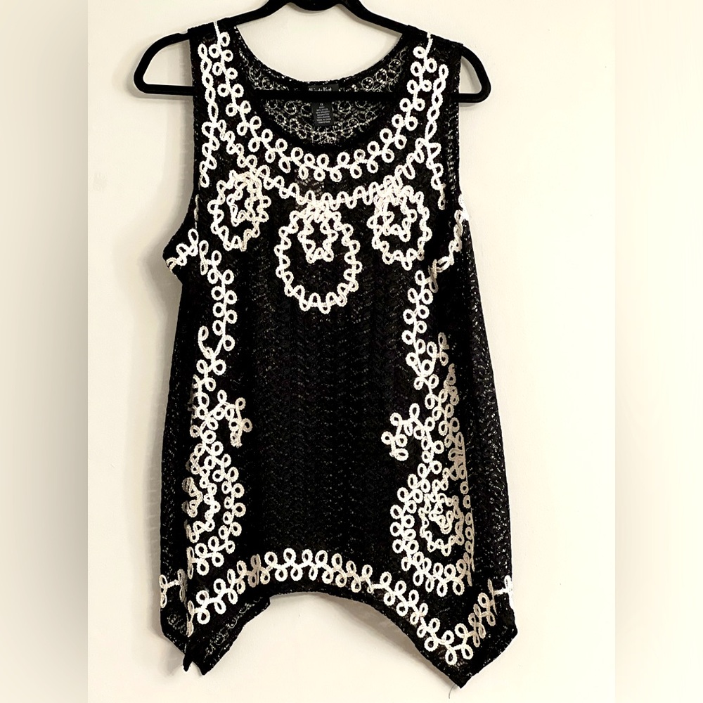 Black Crochet Swim Cover-Up with White Embroidery